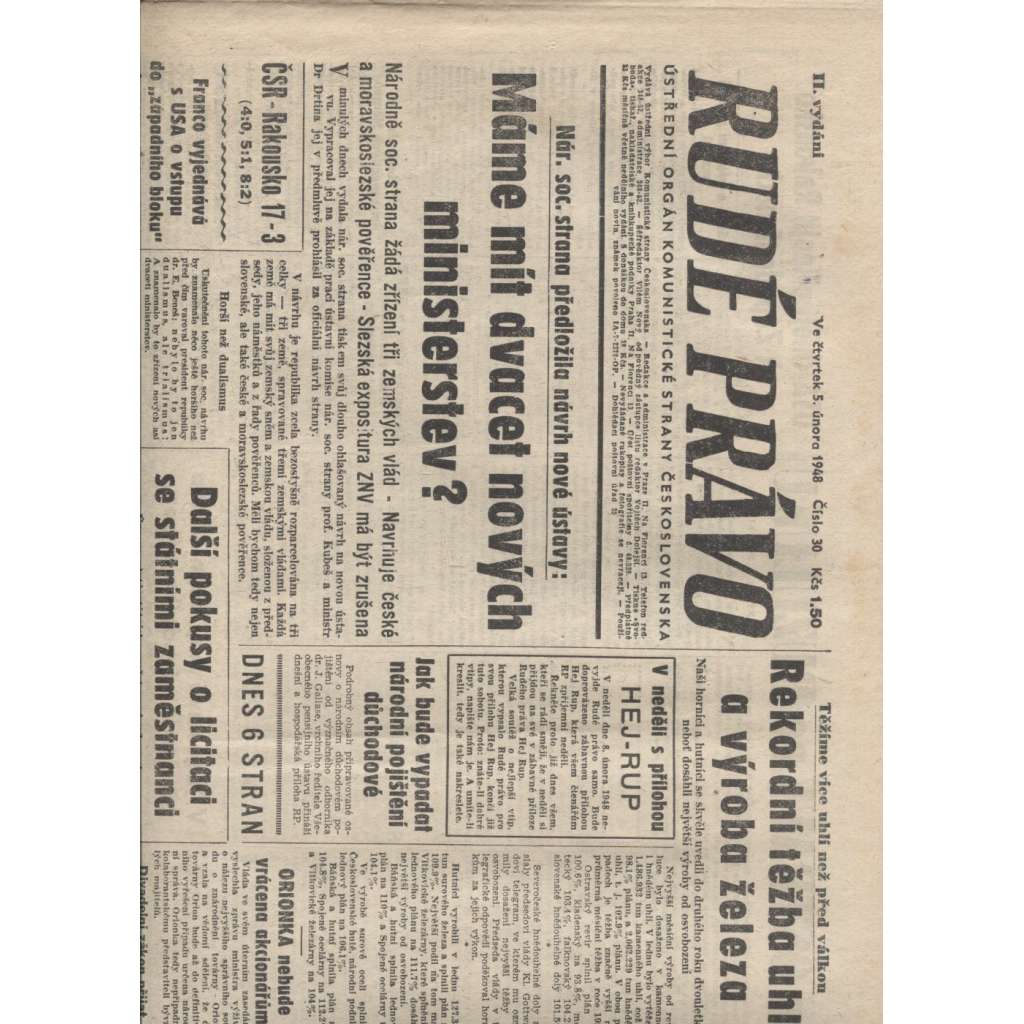 Rudé právo (5.2.1948) - staré noviny, vítězný únor, únorové vítězství, komunistický převrat, únorový puč