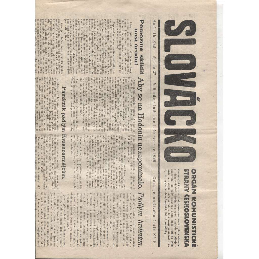 Slovácko (1.7.1945)  - staré noviny