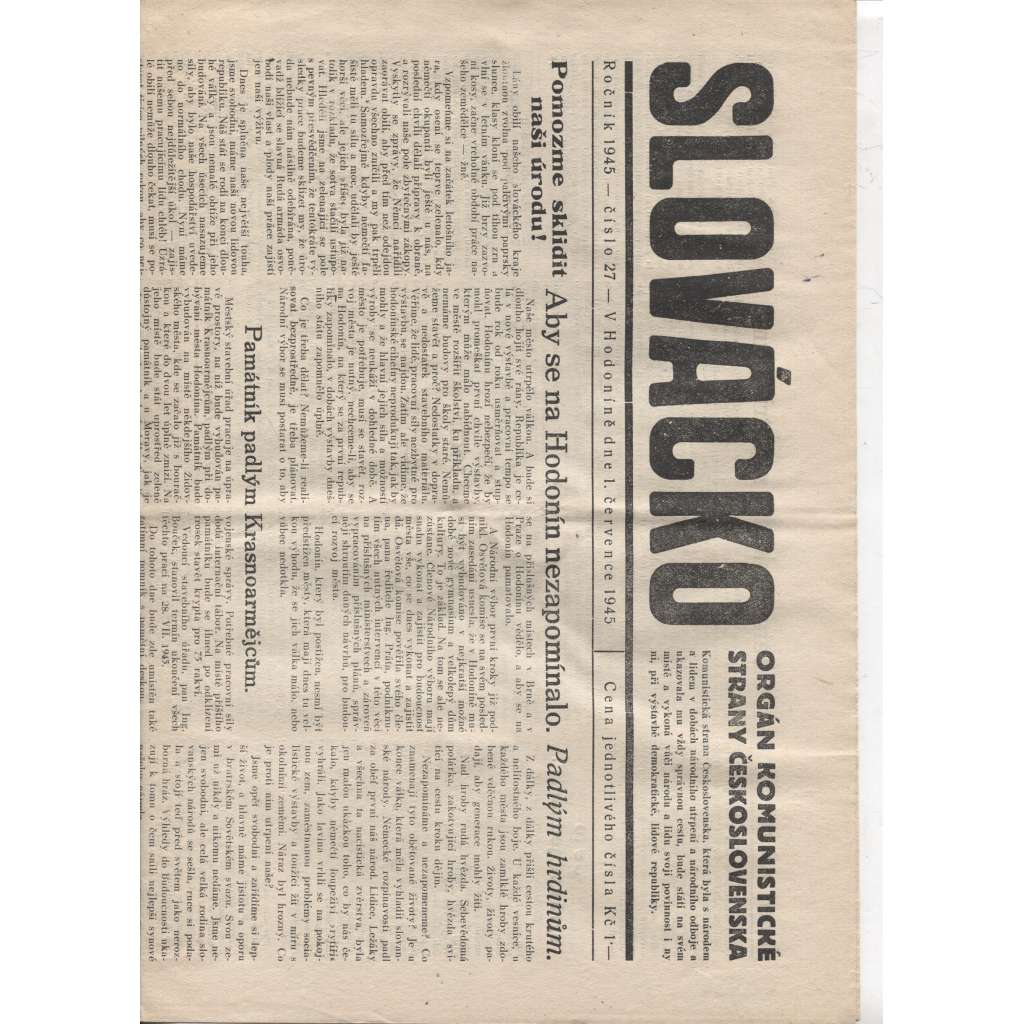 Slovácko (1.7.1945)  - staré noviny