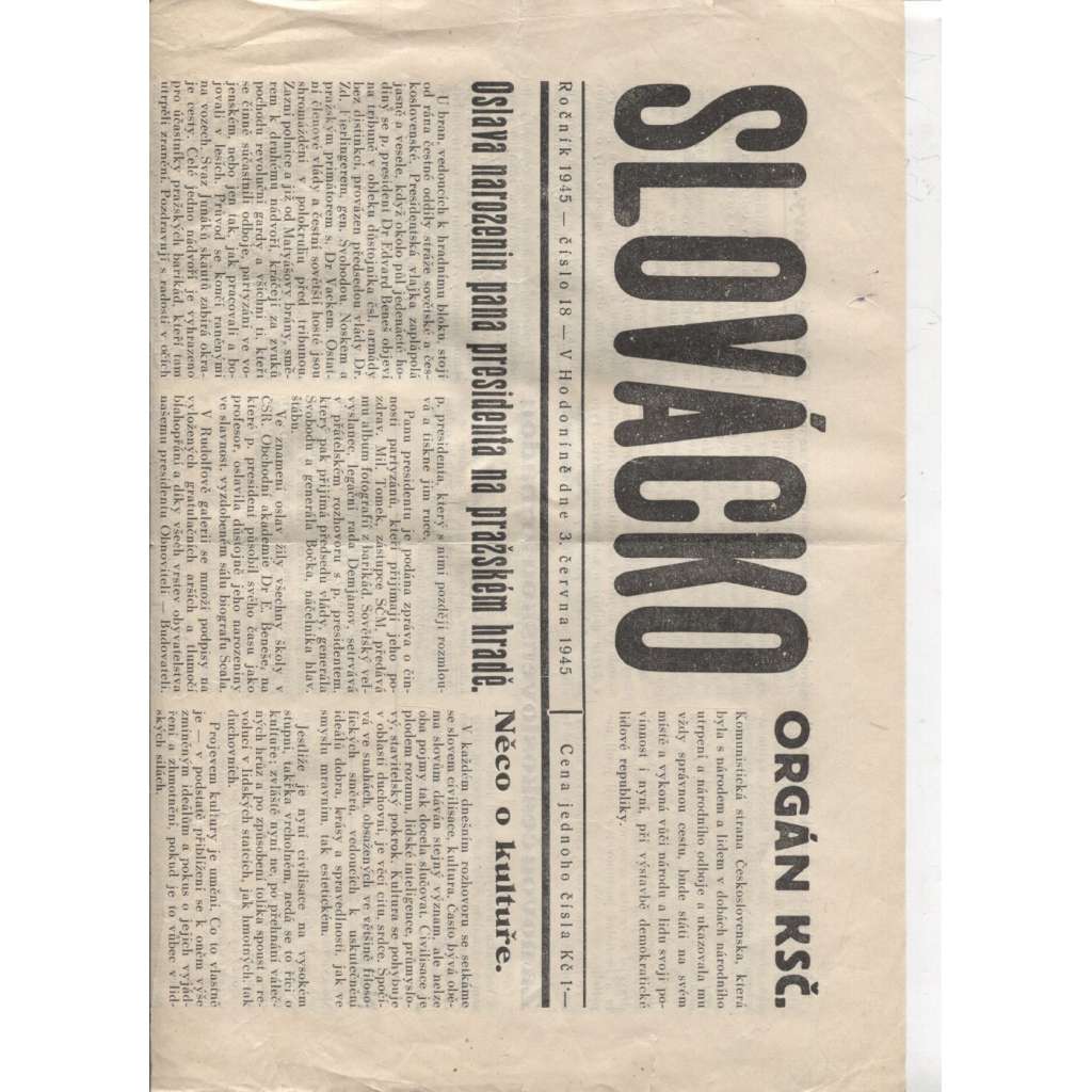 Slovácko (3.6.1945)  - staré noviny