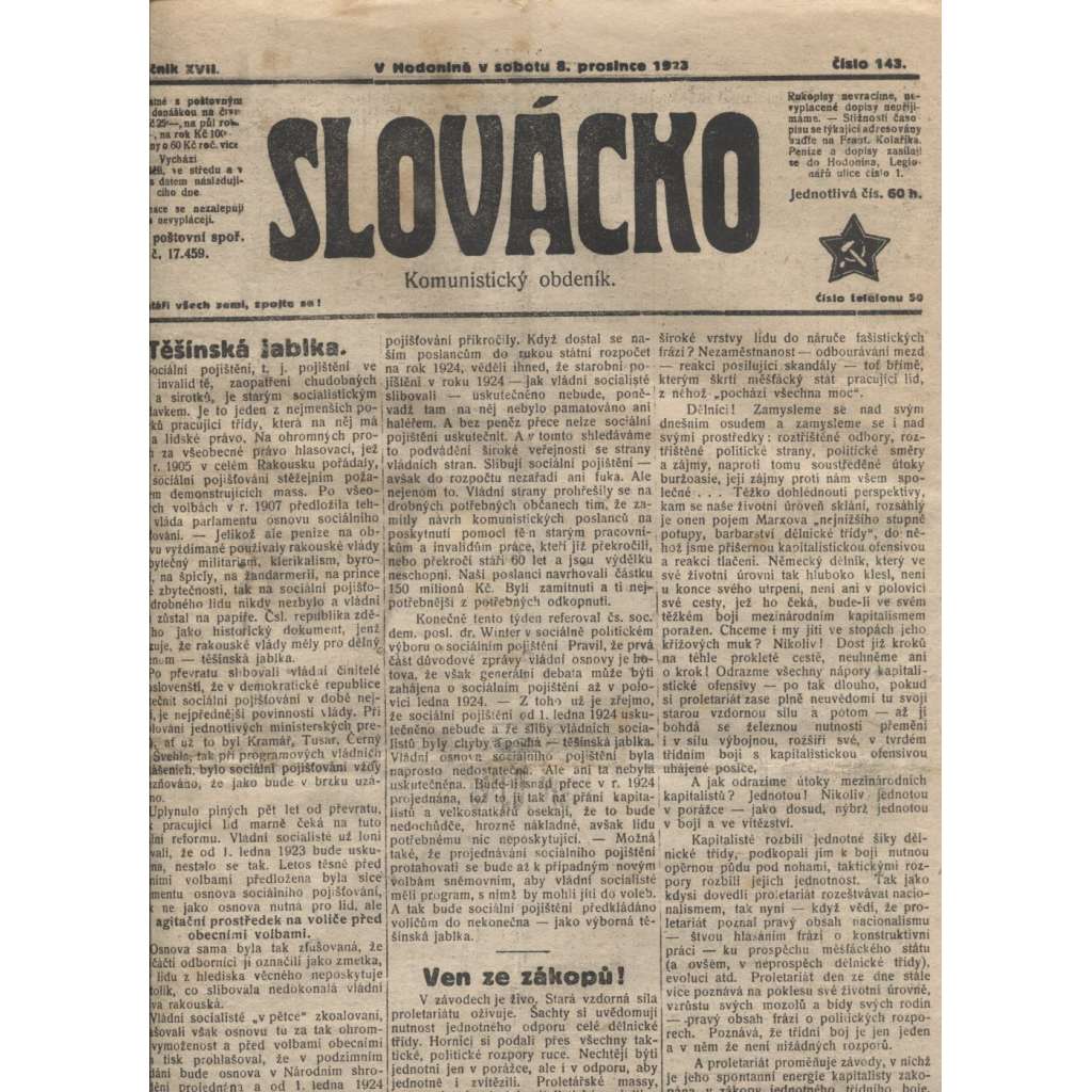 Slovácko (8.12.1923)  - staré noviny, 1. republika