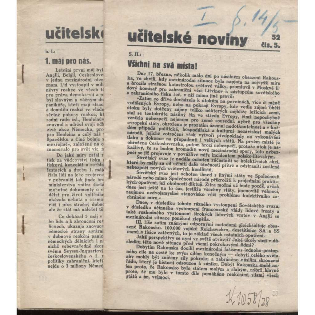 Učitelské noviny, číslo 5. a 8./1938 - staré noviny, 1. republika (2 kusy)