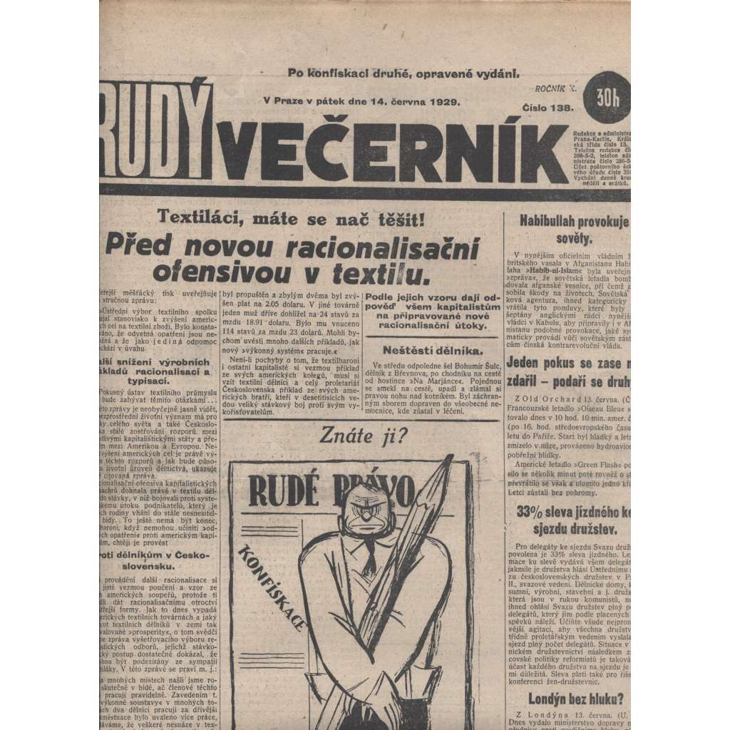 Rudý večerník (14.6.1929) - staré noviny, 1. republika