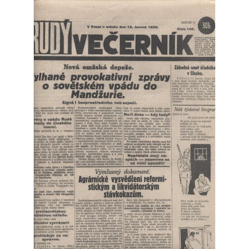 Rudý večerník (15.6.1929) - staré noviny, 1. republika