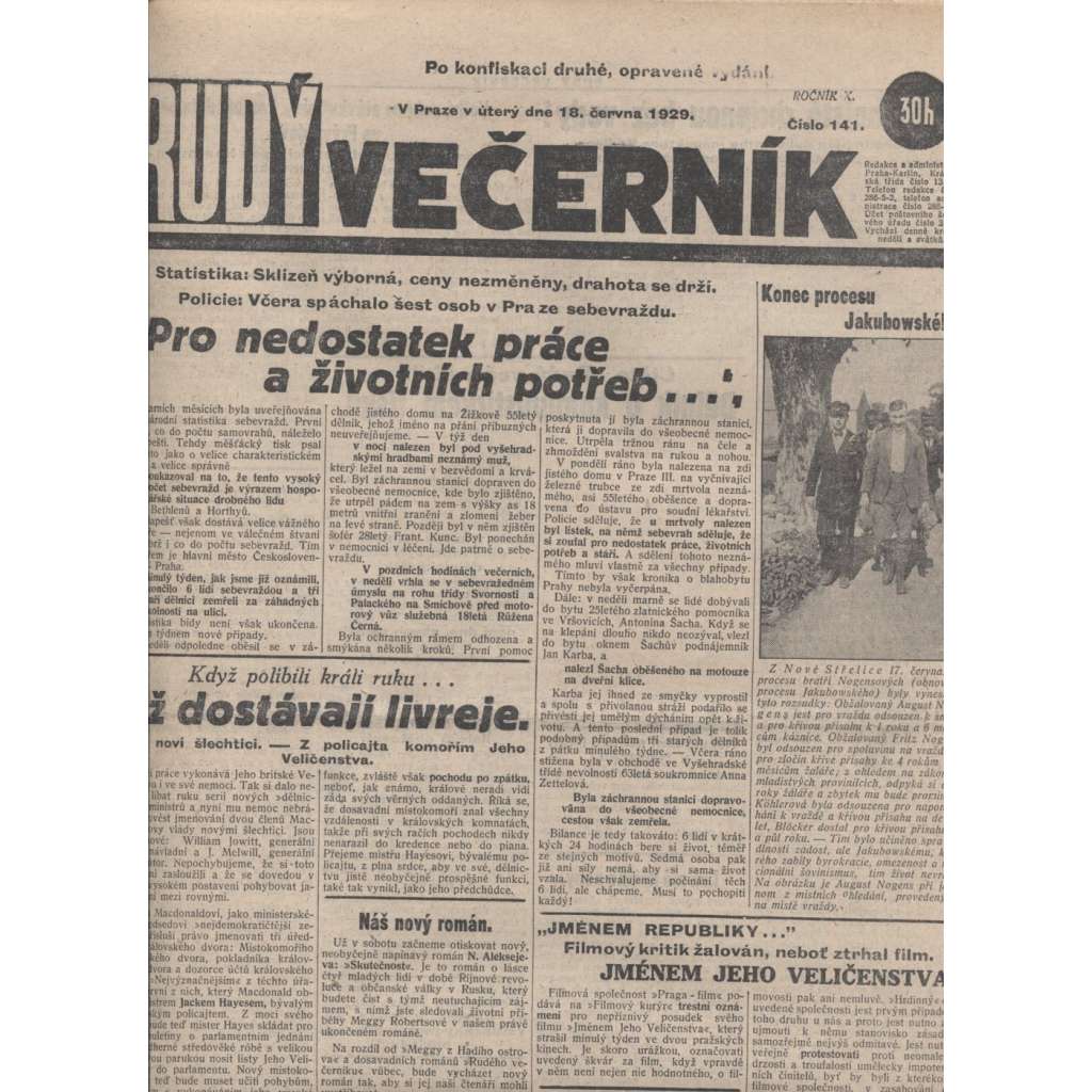 Rudý večerník (18.6.1929) - staré noviny, 1. republika