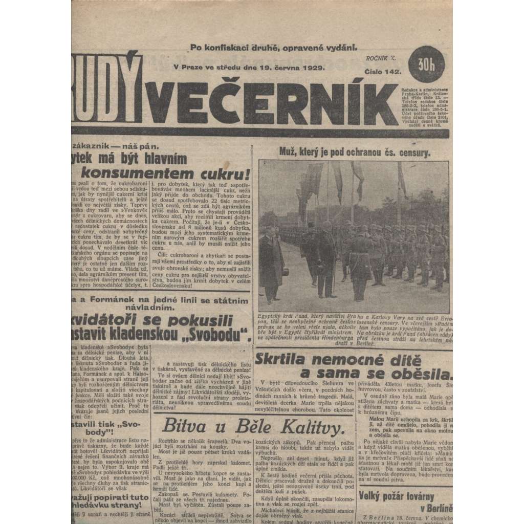 Rudý večerník (19.6.1929) - staré noviny, 1. republika