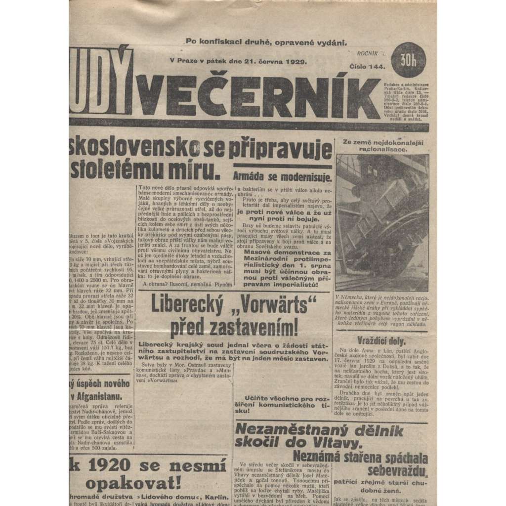 Rudý večerník (21.6.1929) - staré noviny, 1. republika