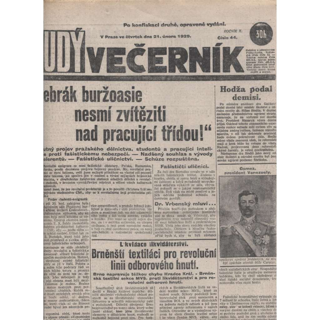 Rudý večerník (21.2.1929) - staré noviny, 1. republika