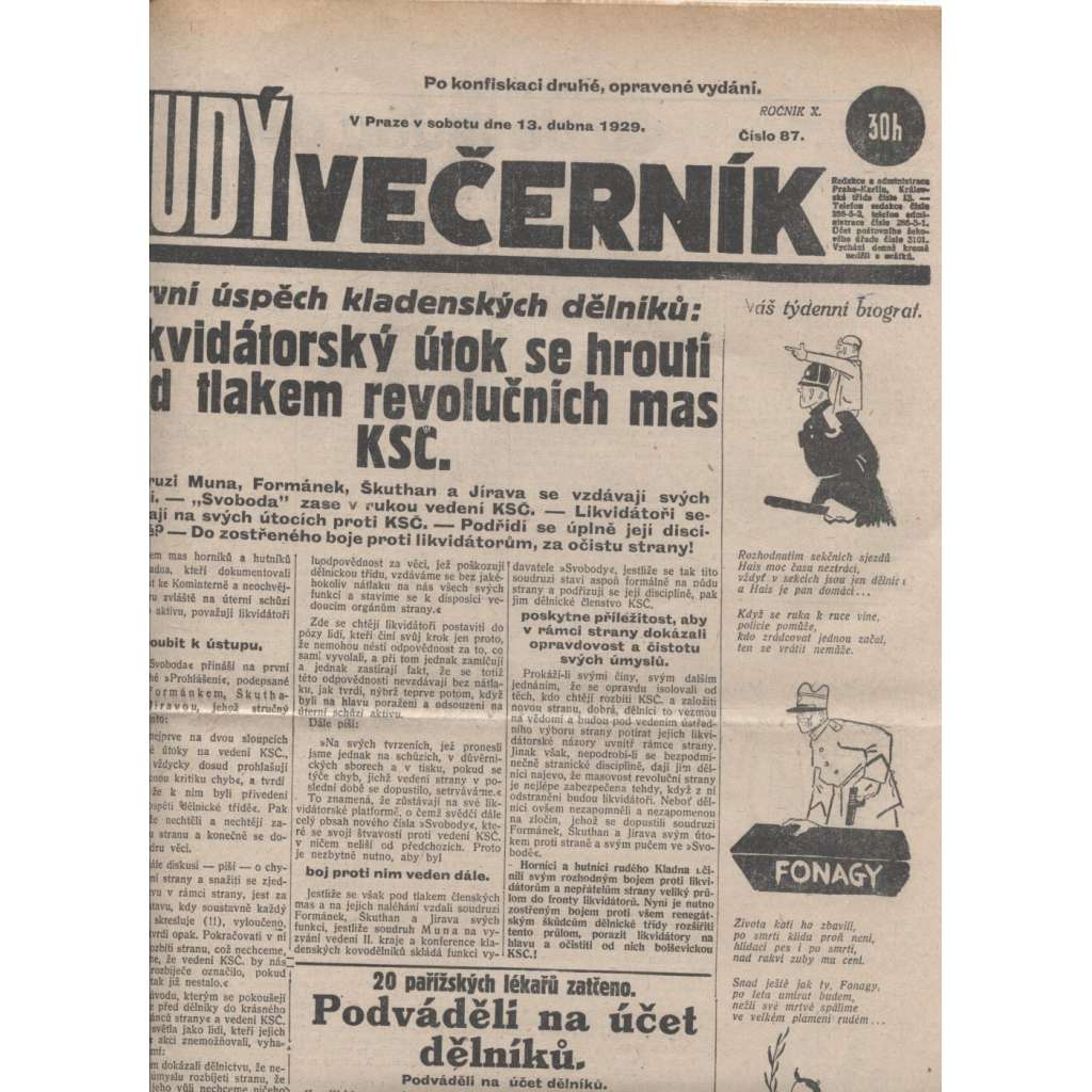 Rudý večerník (13.4.1929) - staré noviny, 1. republika