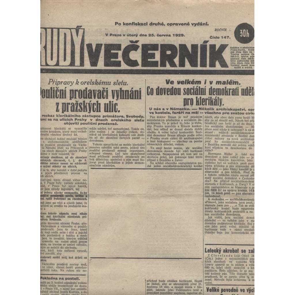 Rudý večerník (25.6.1929) - staré noviny, 1. republika