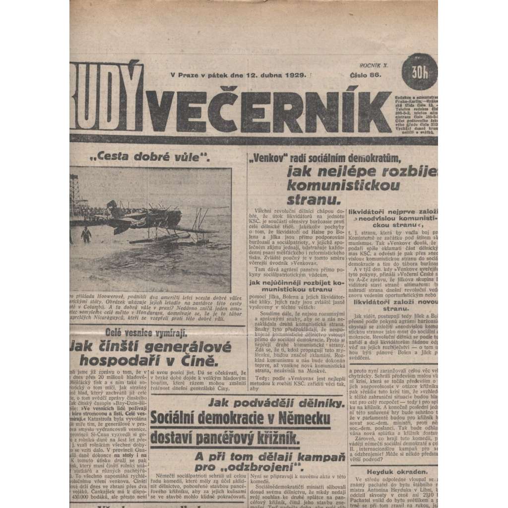 Rudý večerník (12.4.1929) - staré noviny, 1. republika