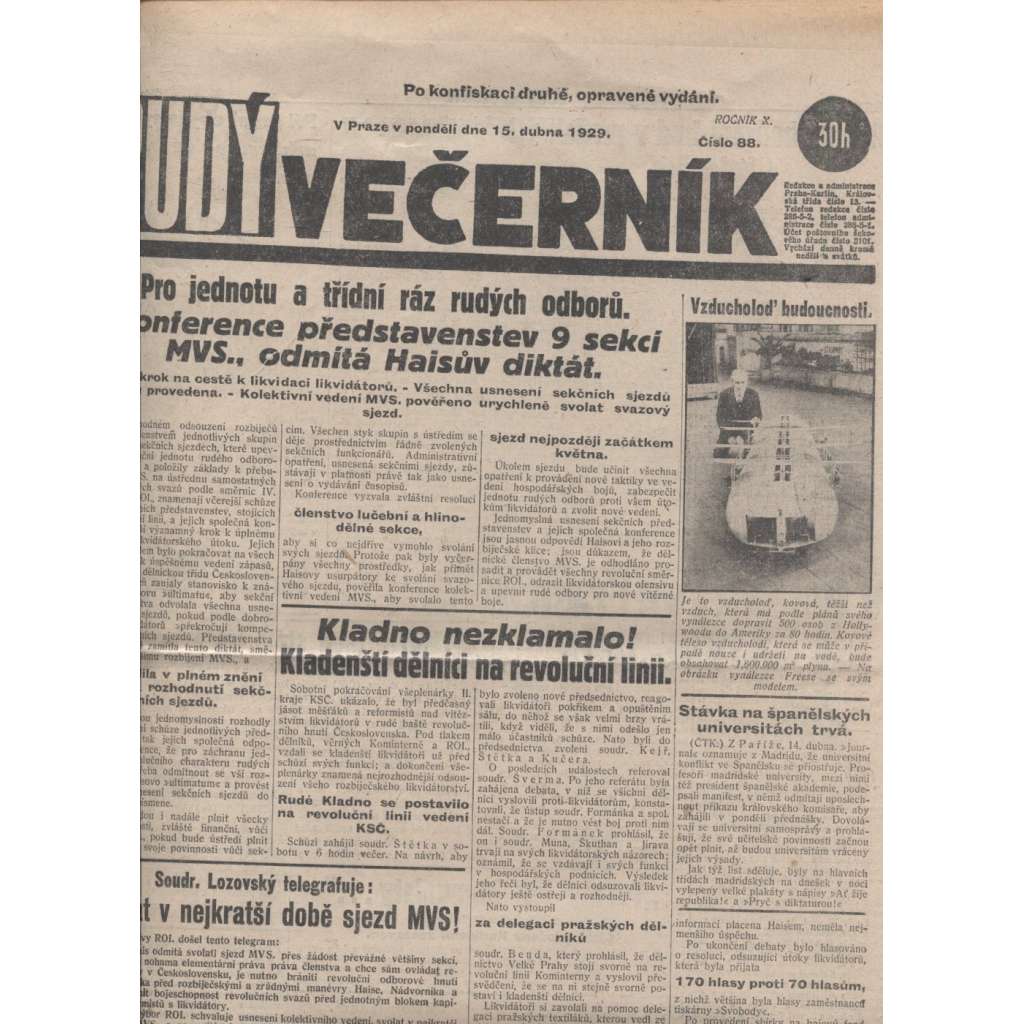 Rudý večerník (15.4.1929) - staré noviny, 1. republika