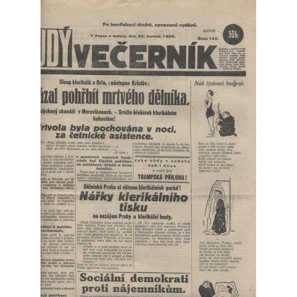 Rudý večerník (22.6.1929) - staré noviny, 1. republika