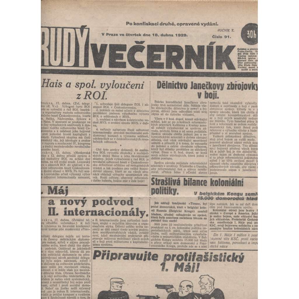 Rudý večerník (18.4.1929) - staré noviny, 1. republika