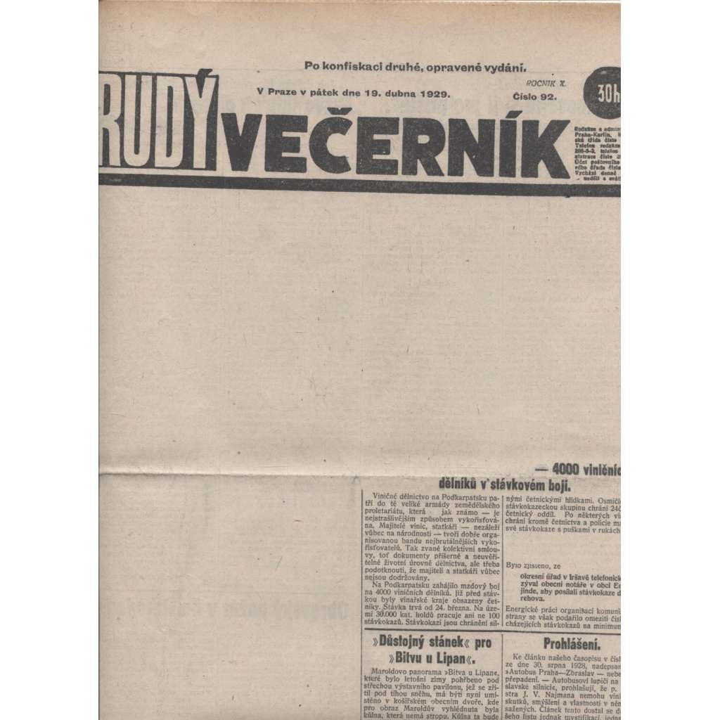 Rudý večerník (19.4.1929) - staré noviny, 1. republika