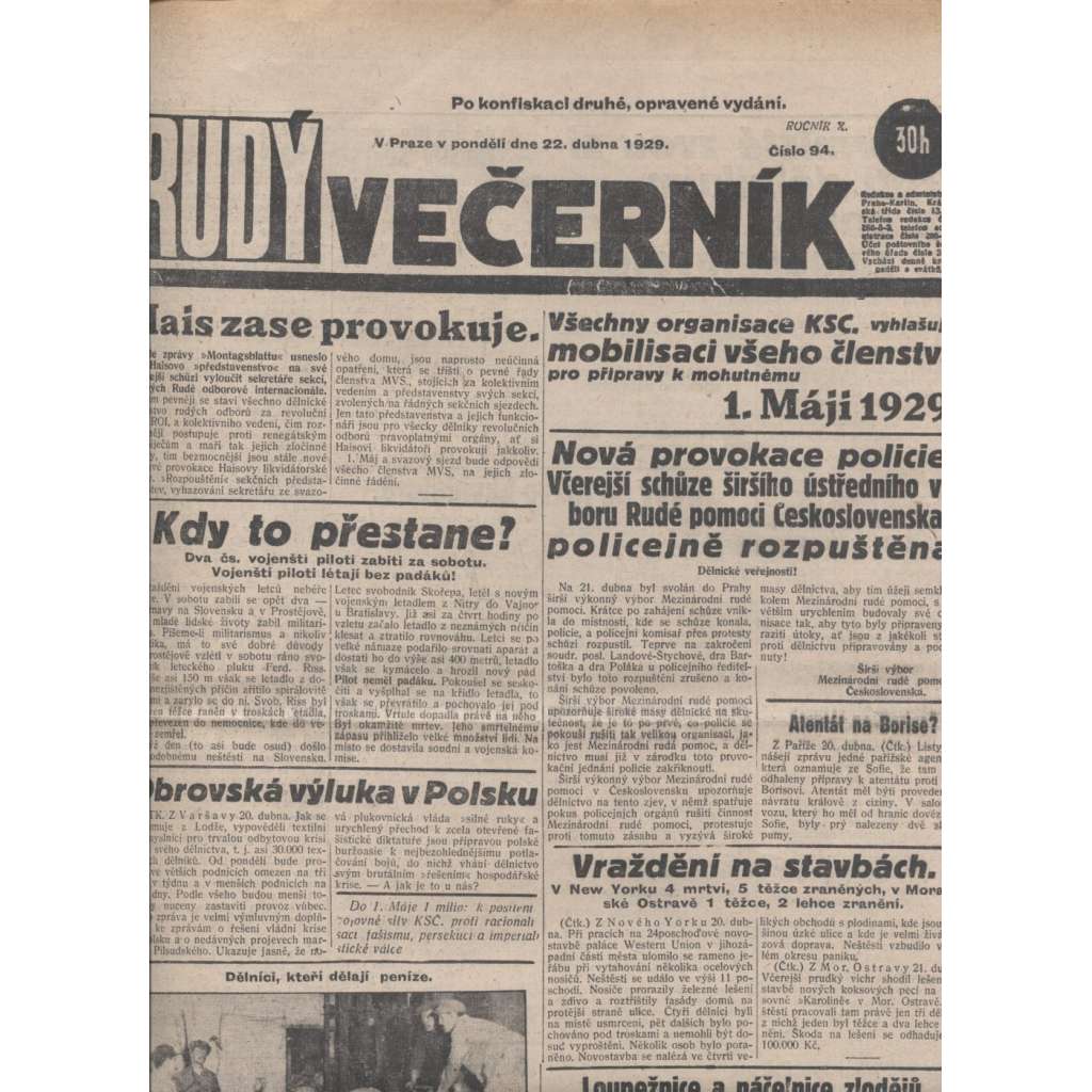 Rudý večerník (22.4.1929) - staré noviny, 1. republika