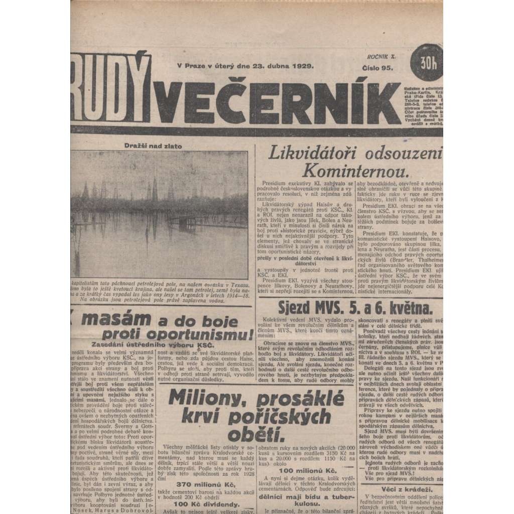 Rudý večerník (23.4.1929) - staré noviny, 1. republika