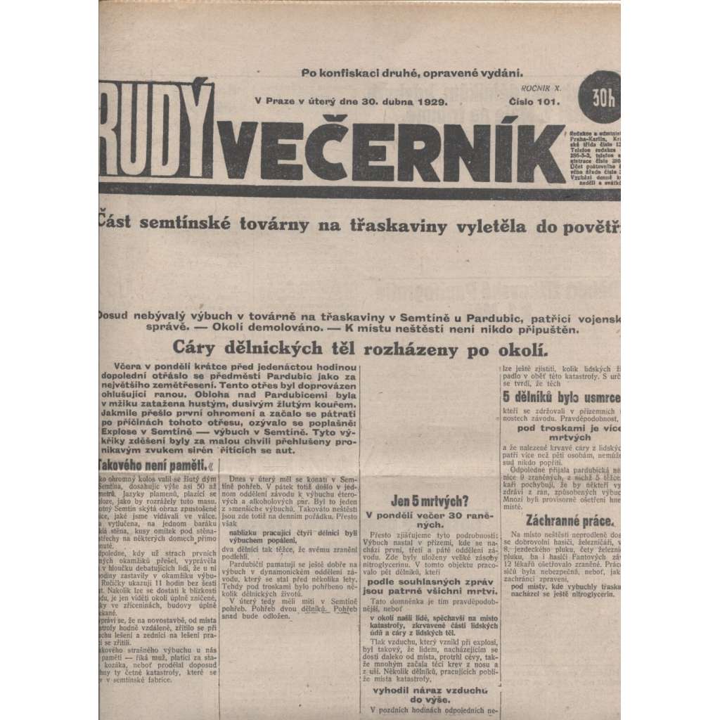 Rudý večerník (30.4.1929) - staré noviny, 1. republika