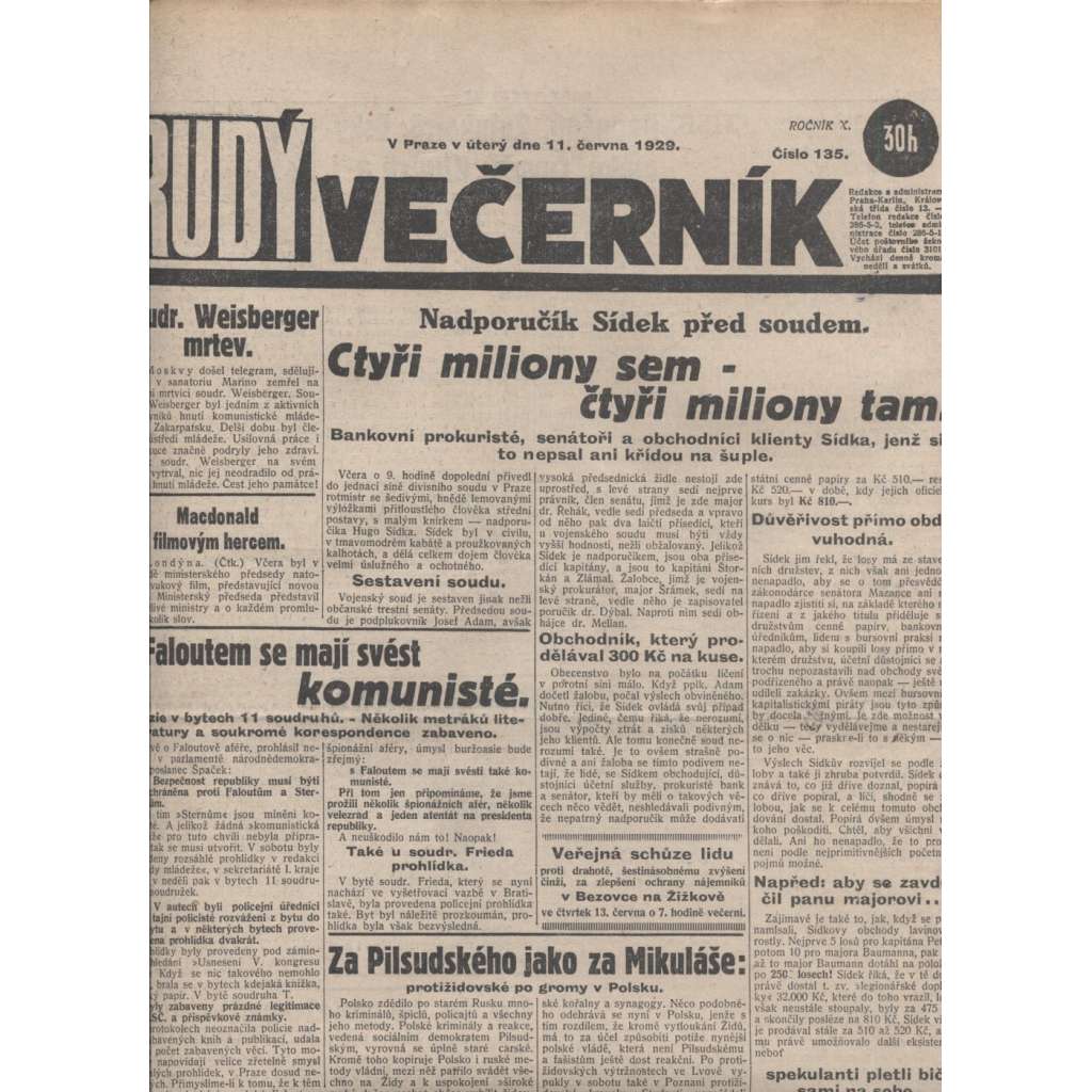 Rudý večerník (11.6.1929) - staré noviny, 1. republika