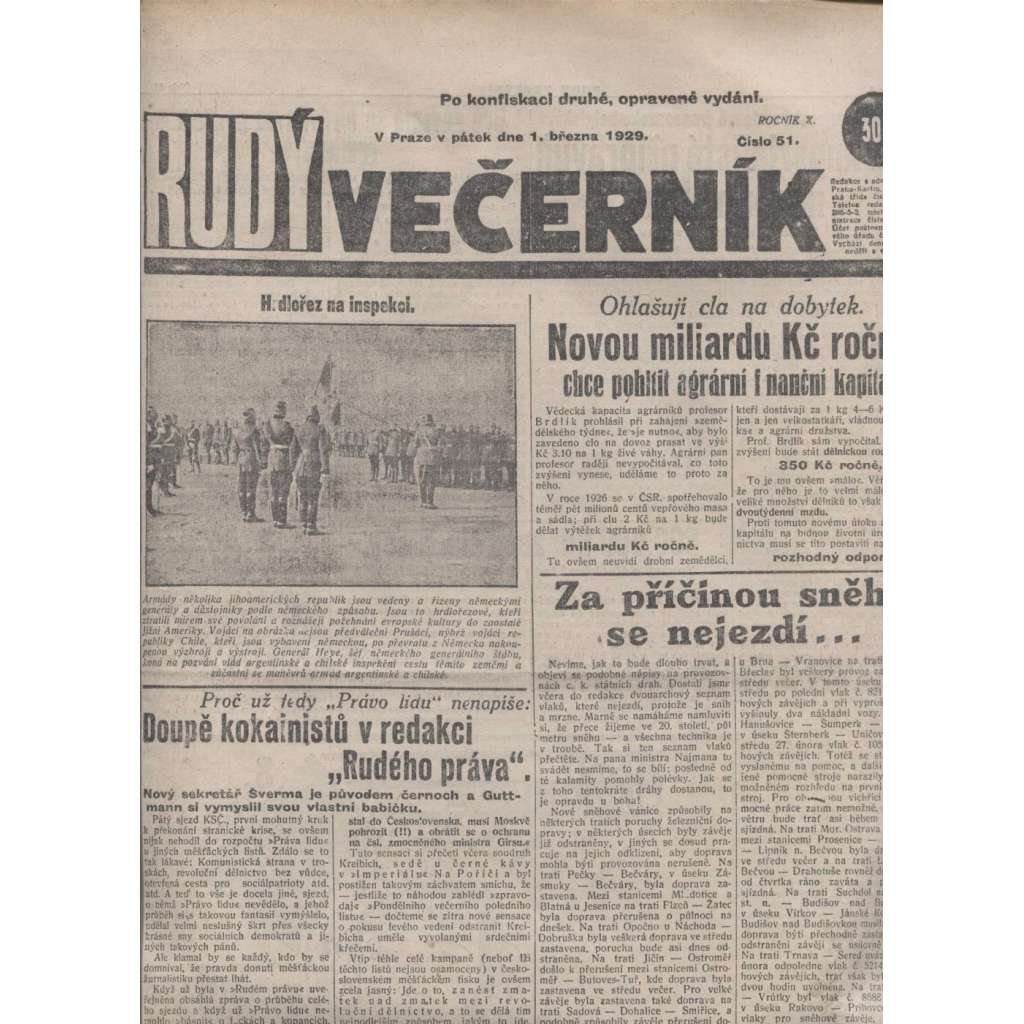 Rudý večerník (1.3.1929) - staré noviny, 1. republika