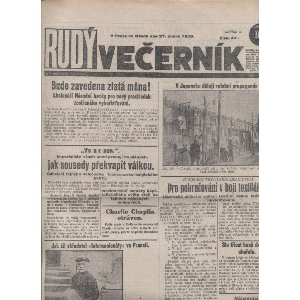 Rudý večerník (27.2.1929) - staré noviny, 1. republika