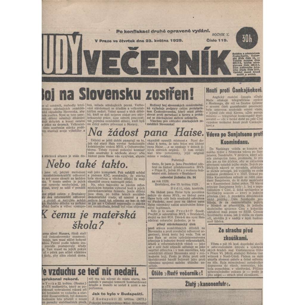 Rudý večerník (23.5.1929) - staré noviny, 1. republika