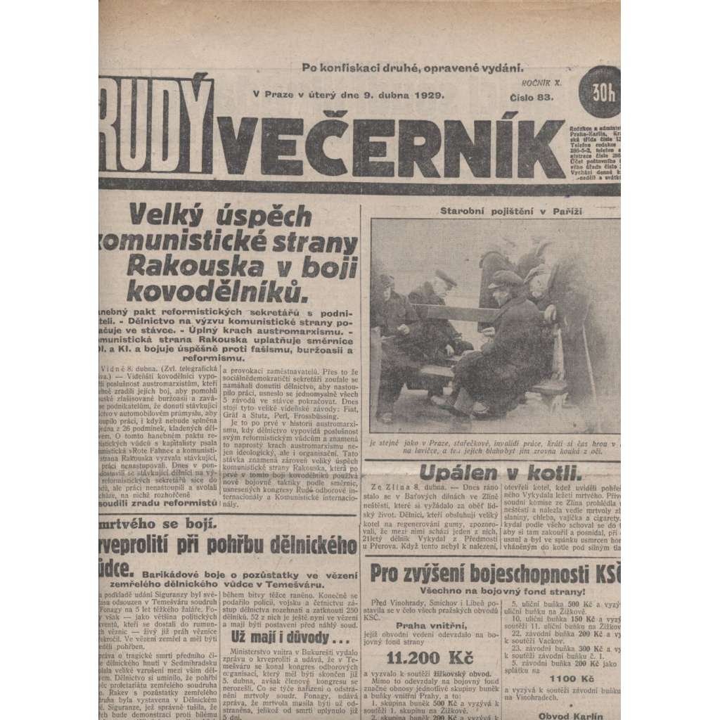 Rudý večerník (9.4.1929) - staré noviny, 1. republika