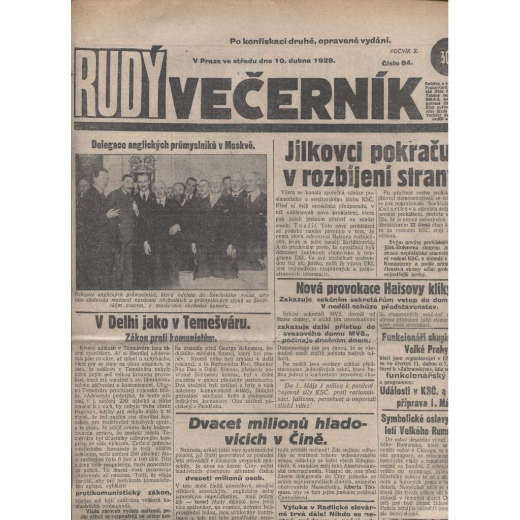 Rudý večerník (10.4.1929) - staré noviny, 1. republika