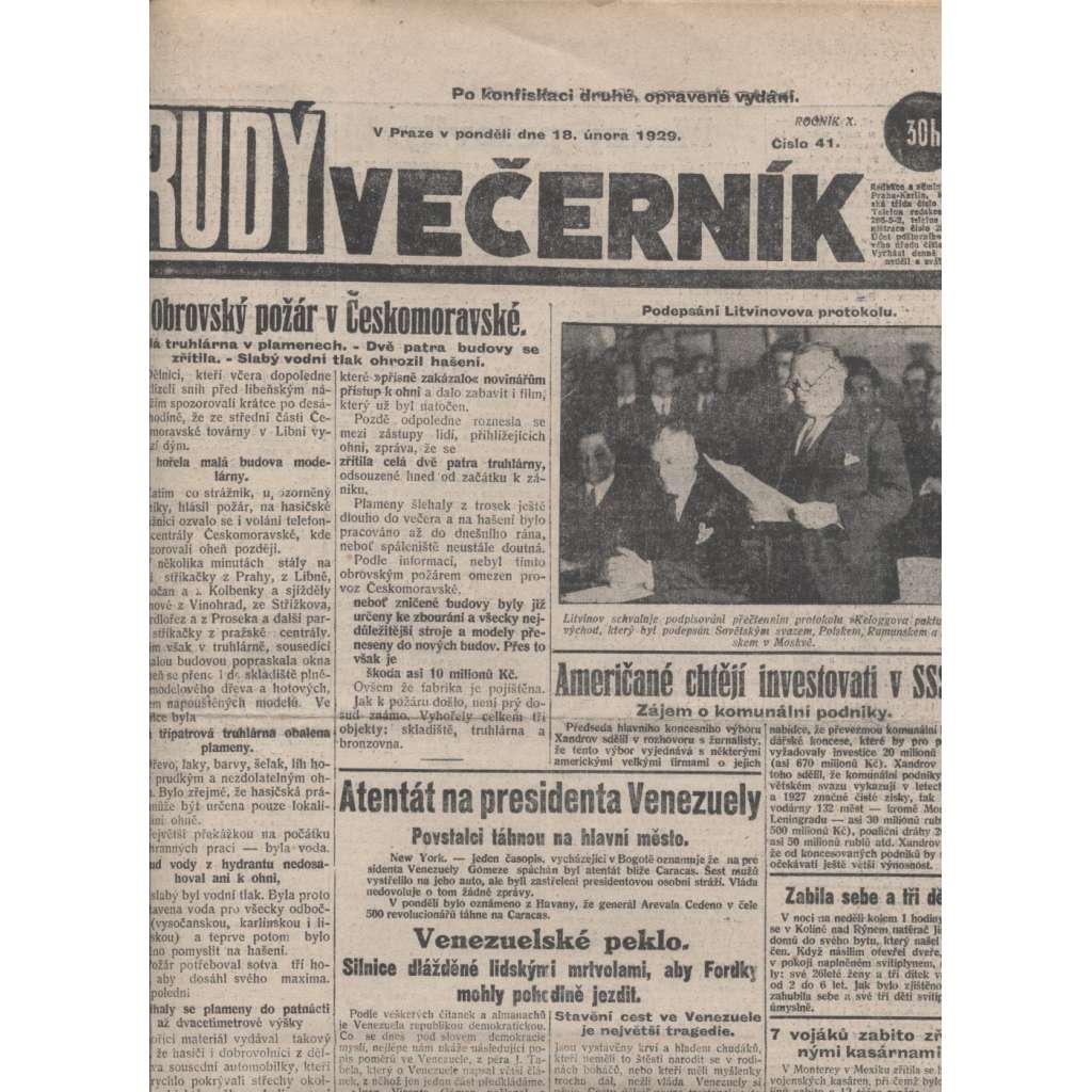 Rudý večerník (18.2.1929) - staré noviny, 1. republika