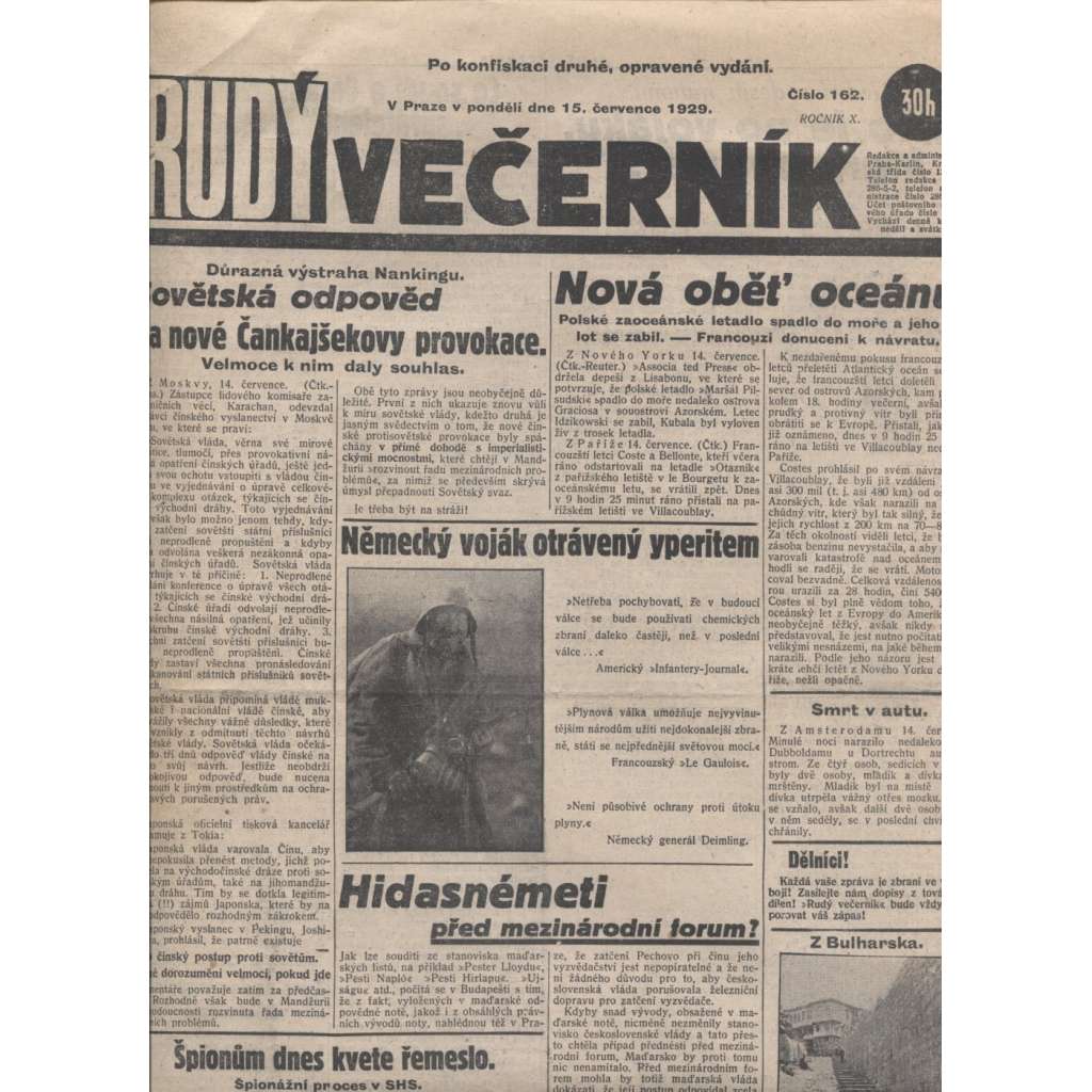 Rudý večerník (15.7.1929) - staré noviny, 1. republika