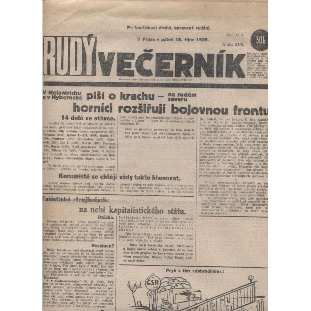 Rudý večerník (18.10.1929) - staré noviny, 1. republika