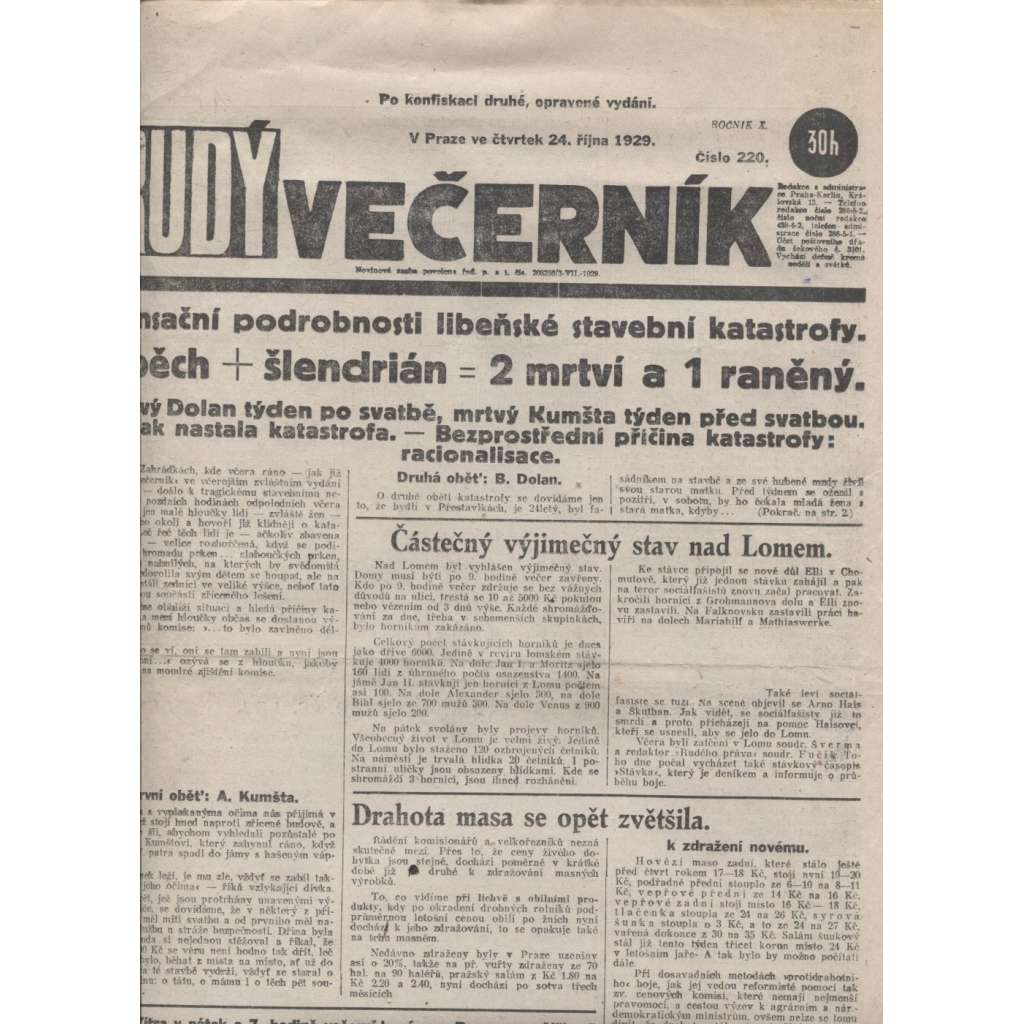 Rudý večerník (24.10.1929) - staré noviny, 1. republika