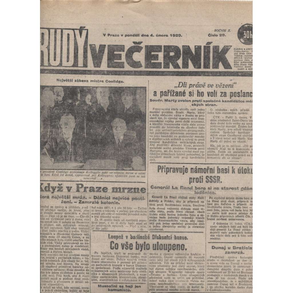 Rudý večerník (4.2.1929) - staré noviny, 1. republika