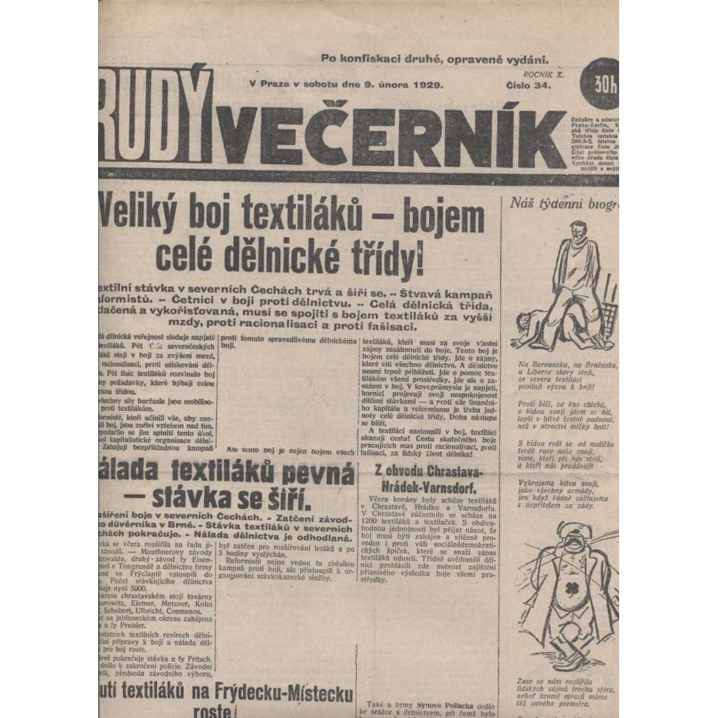 Rudý večerník (9.2.1929) - staré noviny, 1. republika