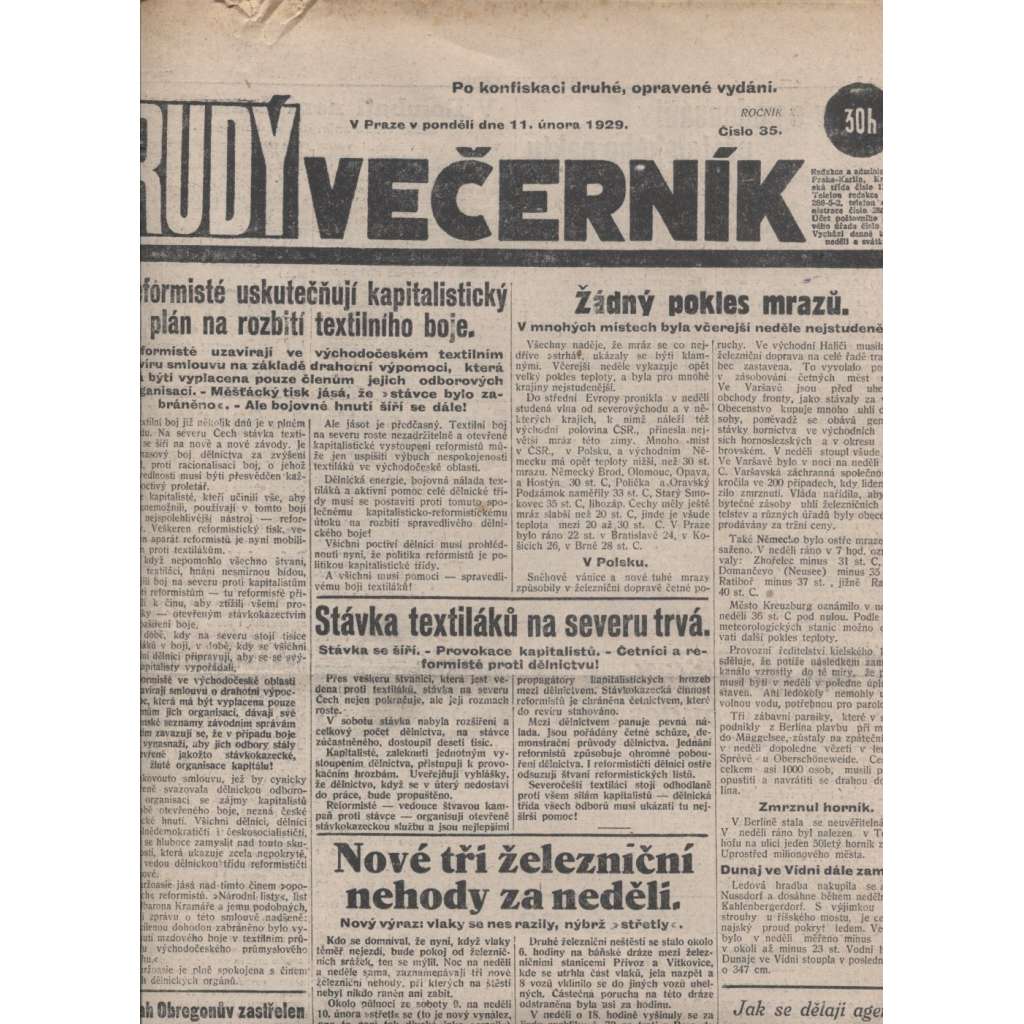 Rudý večerník (11.2.1929) - staré noviny, 1. republika