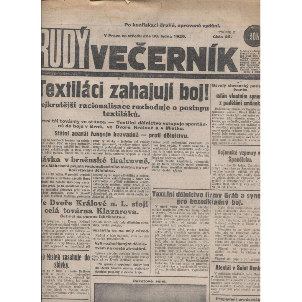 Rudý večerník (30.1.1929) - staré noviny, 1. republika