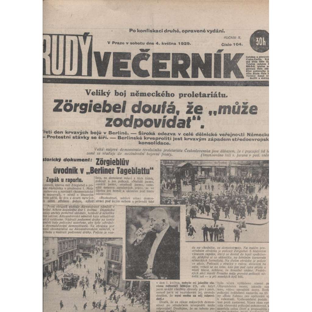 Rudý večerník (4.5.1929) - staré noviny, 1. republika