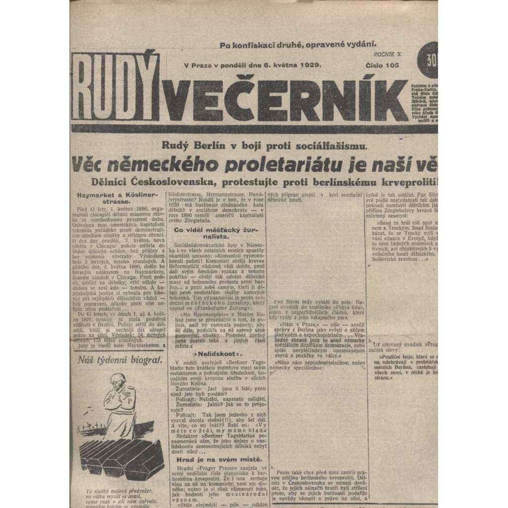 Rudý večerník (6.5.1929) - staré noviny, 1. republika