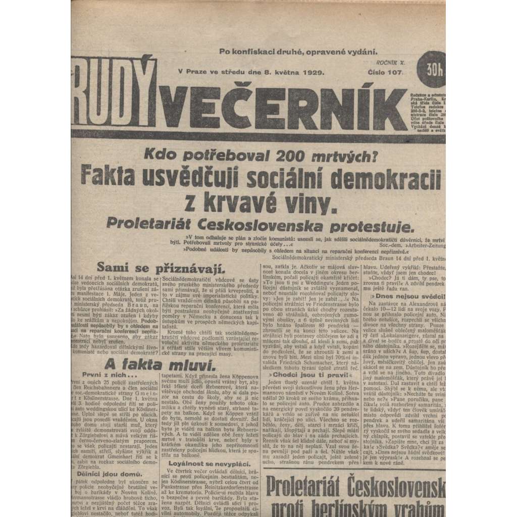 Rudý večerník (8.5.1929) - staré noviny, 1. republika