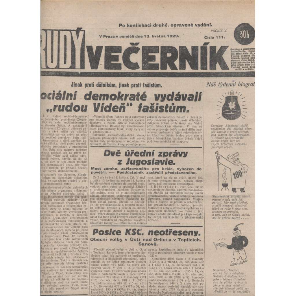 Rudý večerník (13.5.1929) - staré noviny, 1. republika