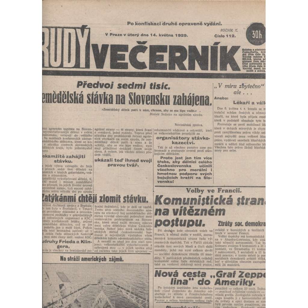 Rudý večerník (14.5.1929) - staré noviny, 1. republika