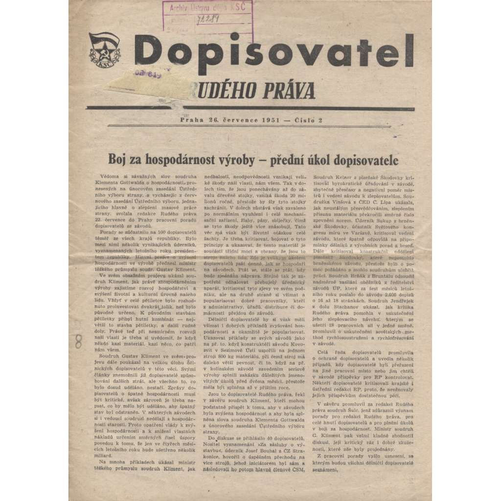 Dopisovatel Rudého práva (26.7.1951) - staré noviny