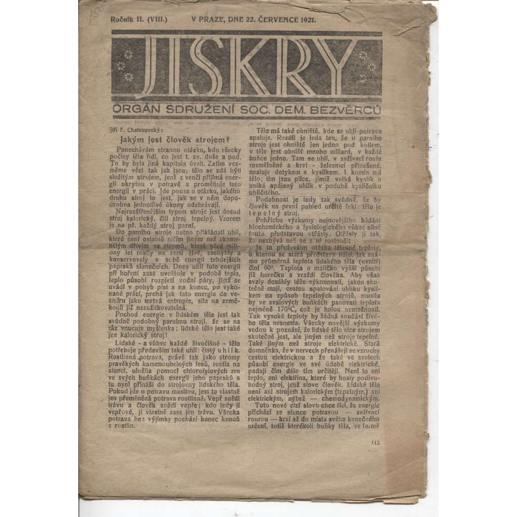 Jiskry, ročník II. (22.7.1921) - staré noviny, 1. republika