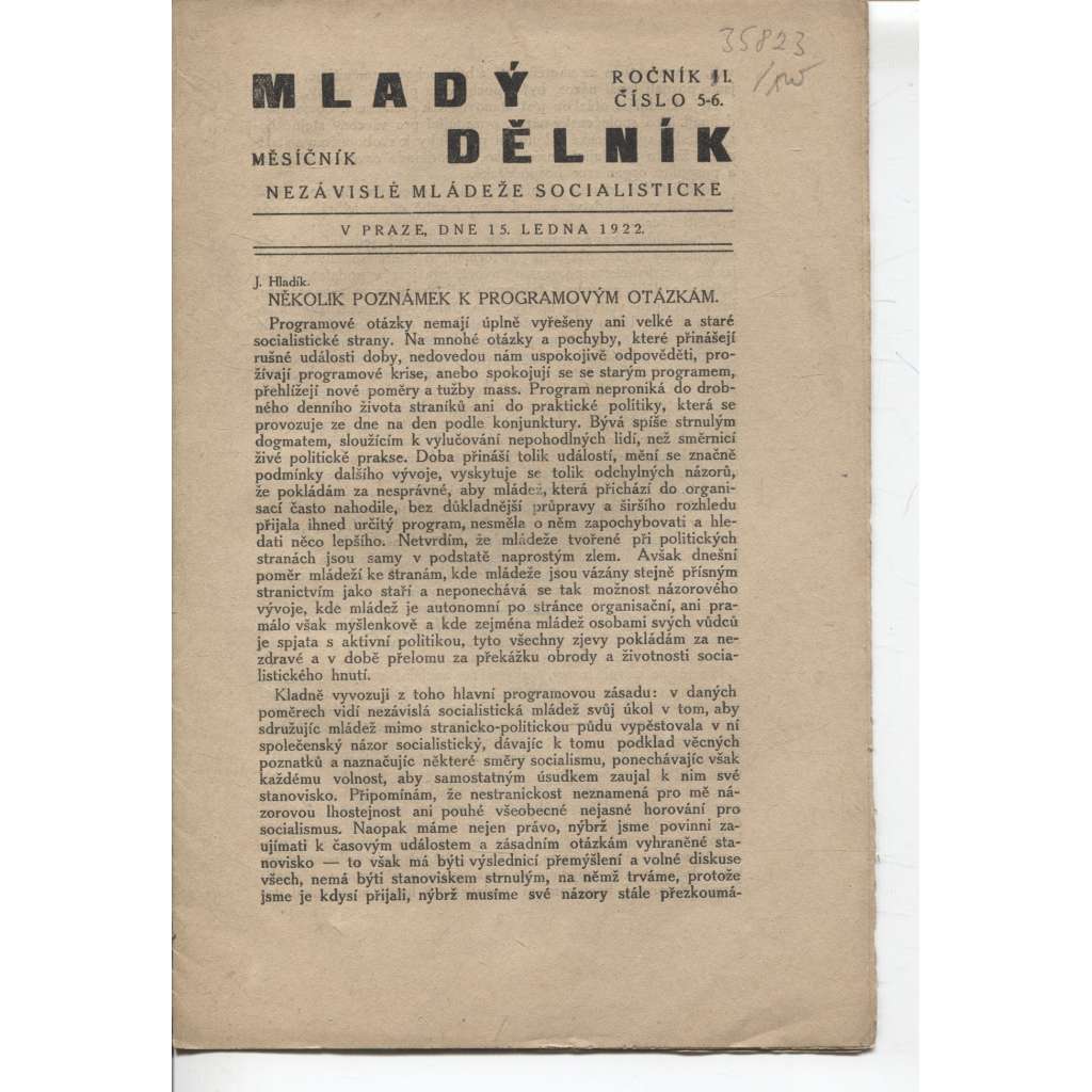 Mladý dělník (15.1.1922) - staré noviny, 1. republika