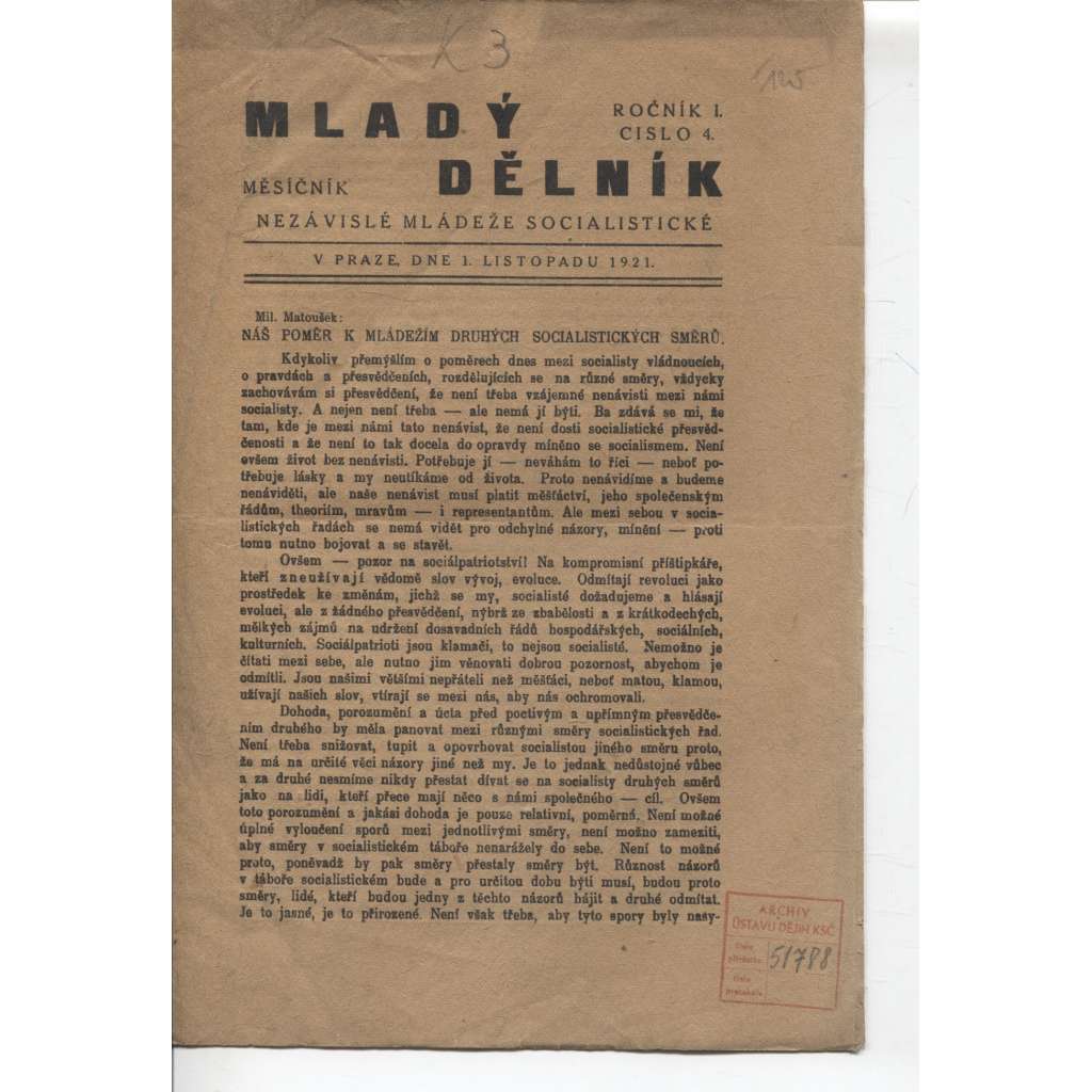 Mladý dělník (1.11.1921) - staré noviny, 1. republika