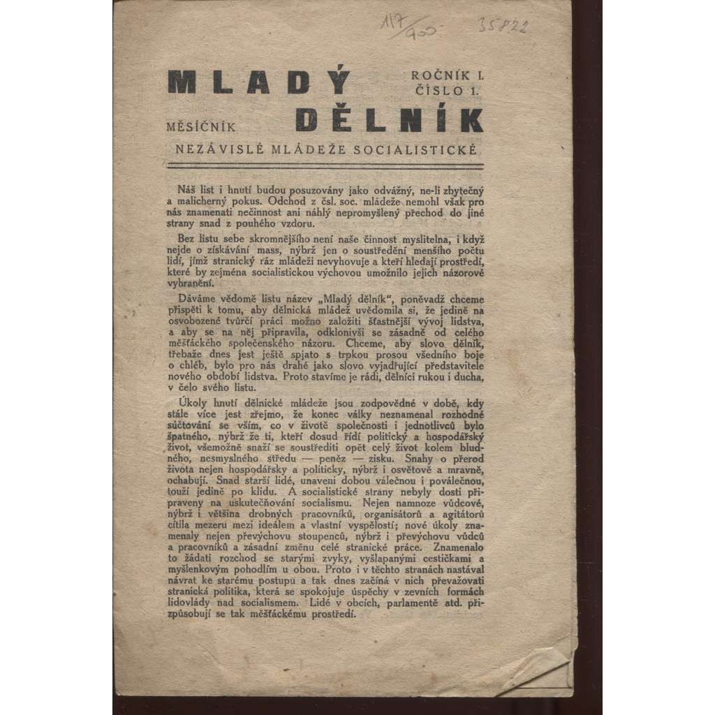 Mladý dělník, ročník I., číslo 1.-7/1921-1922. - staré noviny, 1. republika (7 čísel)