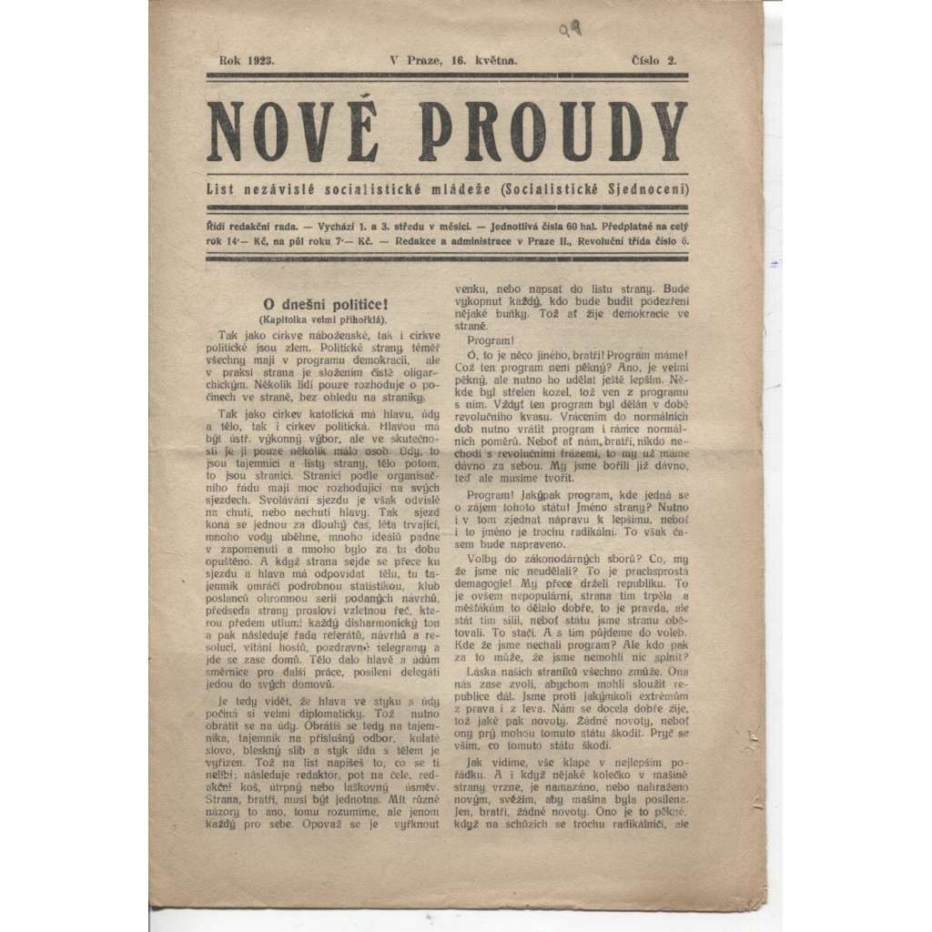 Nové proudy (16.5.1923) - staré noviny, 1. republika