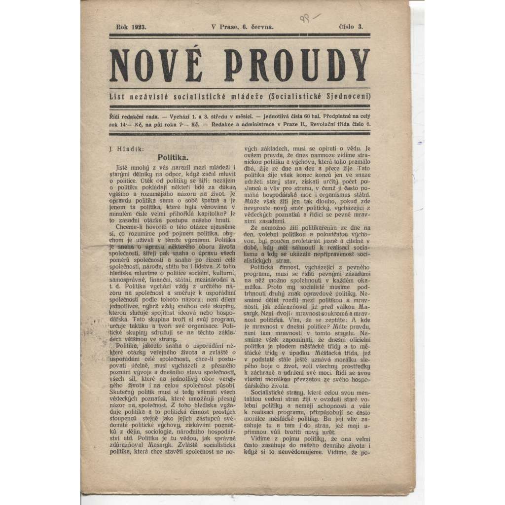 Nové proudy (6.6.1923) - staré noviny, 1. republika