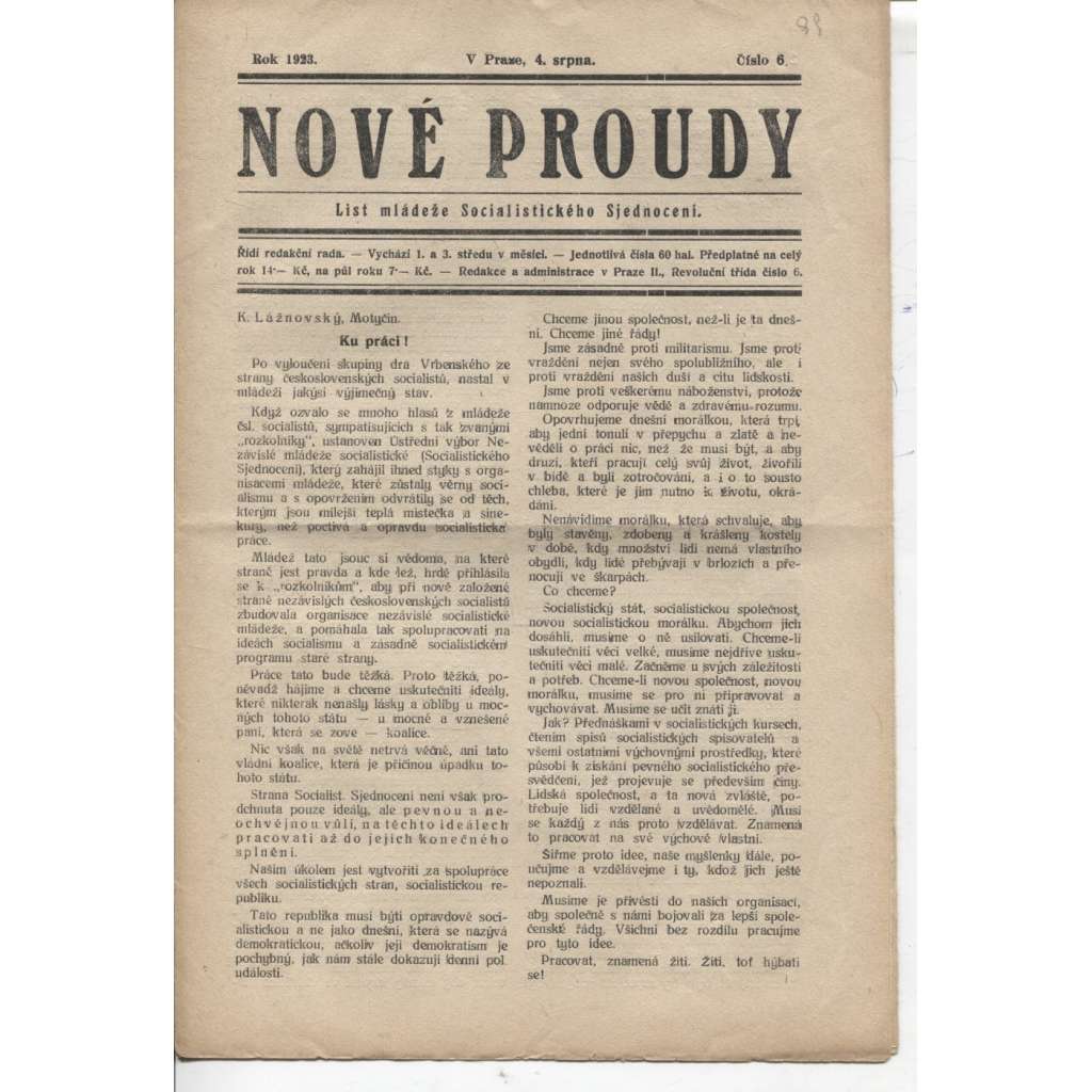 Nové proudy (4.8.1923) - staré noviny, 1. republika