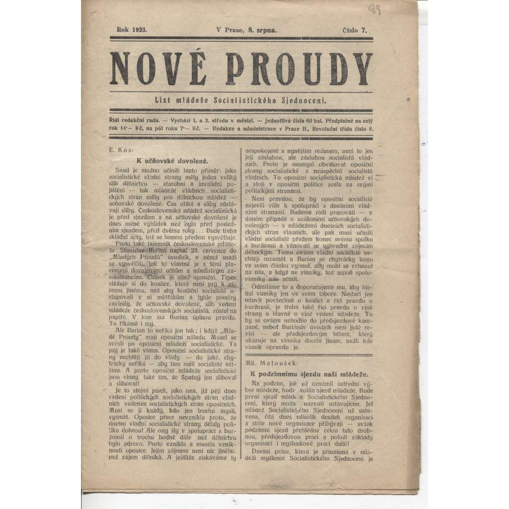 Nové proudy (8.8.1923) - staré noviny, 1. republika